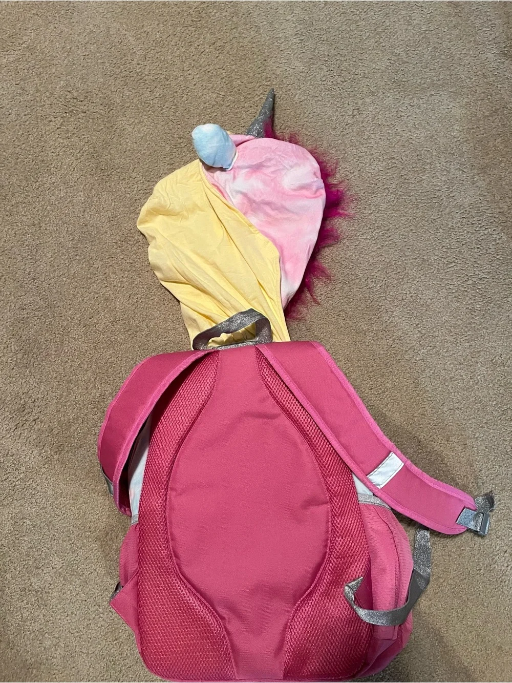 Unicorn Hoodie Tie-Dye Backpack with Pink Mane. Like New. Measurements in photos